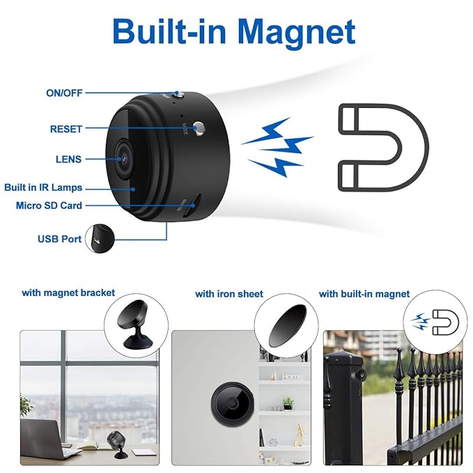 WiFi Spy Camera Hidden for Home Outdoor High HD Focus Spy Magnet Mini Live Stream Night Vision IP Wireless 1080P Audio Video Hidden Indoor Nanny Camera for Home Offices Security