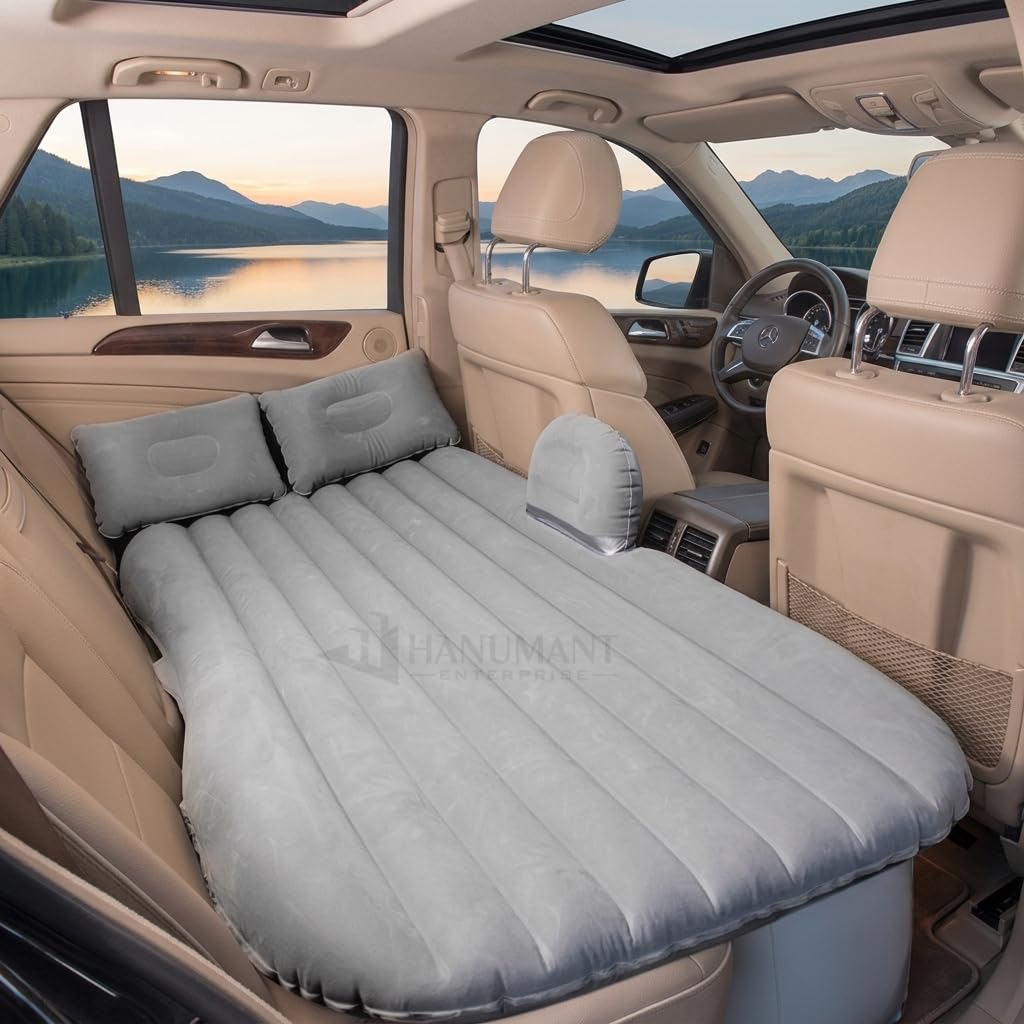 basics Inflatable Car Bed for Back Seat | Portable Travel Mattress with Air Pump and Pillows | Suitable for Kids Road Trips Camping and Outdoor Use | Beige