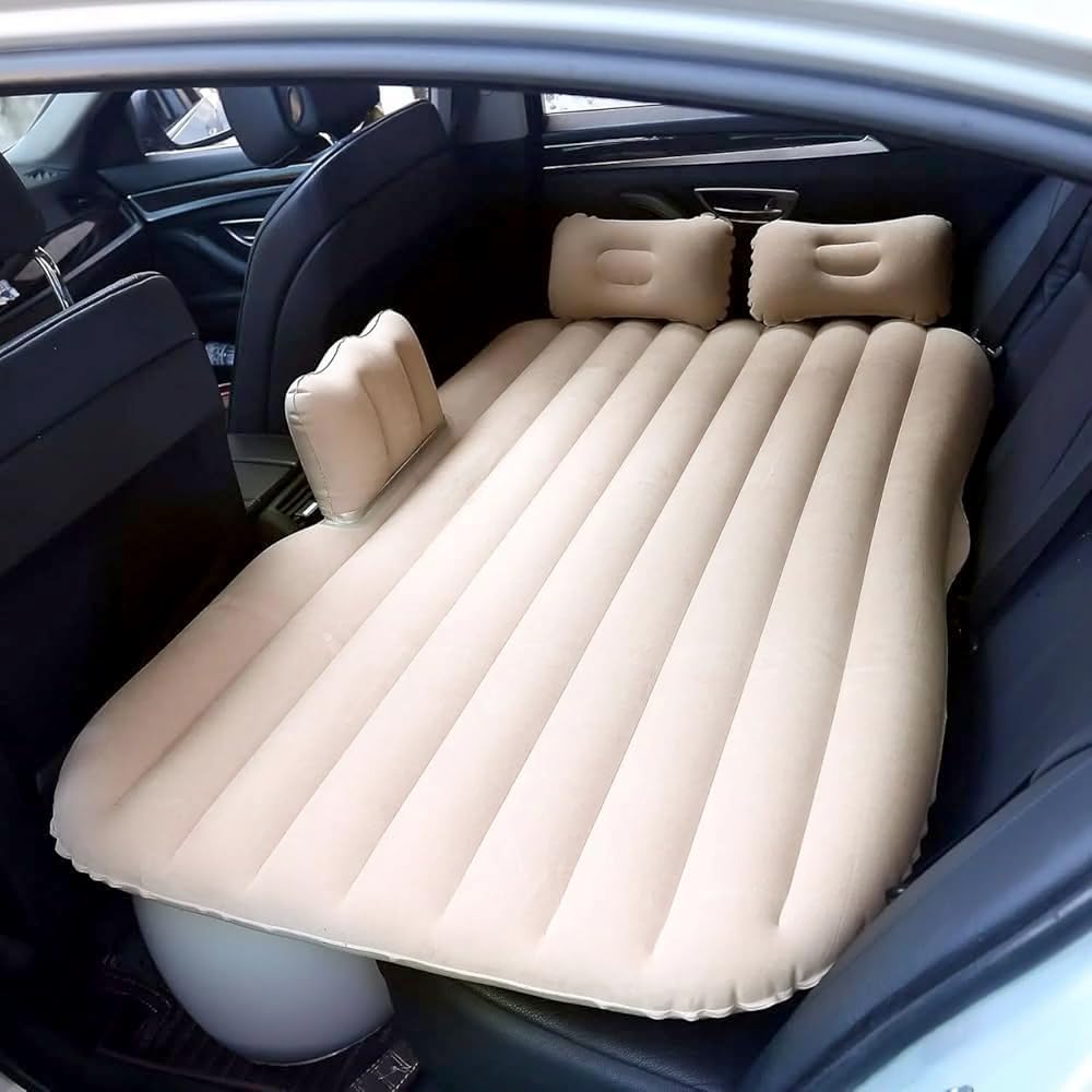 basics Inflatable Car Bed for Back Seat | Portable Travel Mattress with Air Pump and Pillows | Suitable for Kids Road Trips Camping and Outdoor Use | Beige