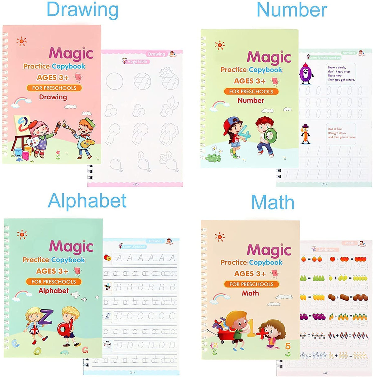SHNMN Sank Magic Practice Copybook, (4 BOOK +1 PEN + 10 REFILL) Number Tracing Book for Preschoolers with Pen, Magic calligraphy books for kids Reusable Writing Tool