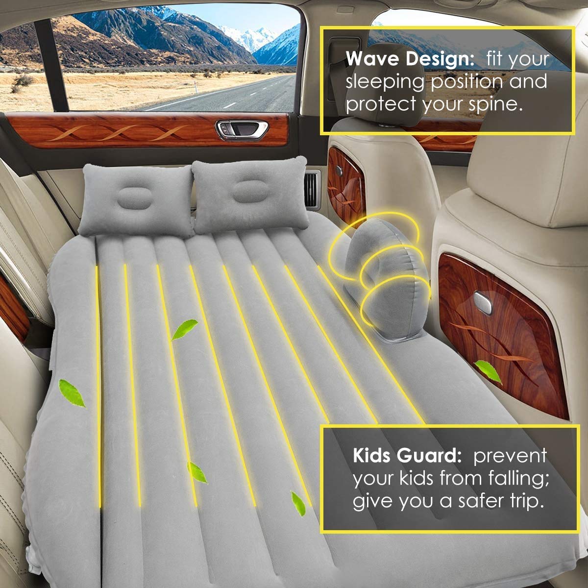 basics Inflatable Car Bed for Back Seat | Portable Travel Mattress with Air Pump and Pillows | Suitable for Kids Road Trips Camping and Outdoor Use | Beige