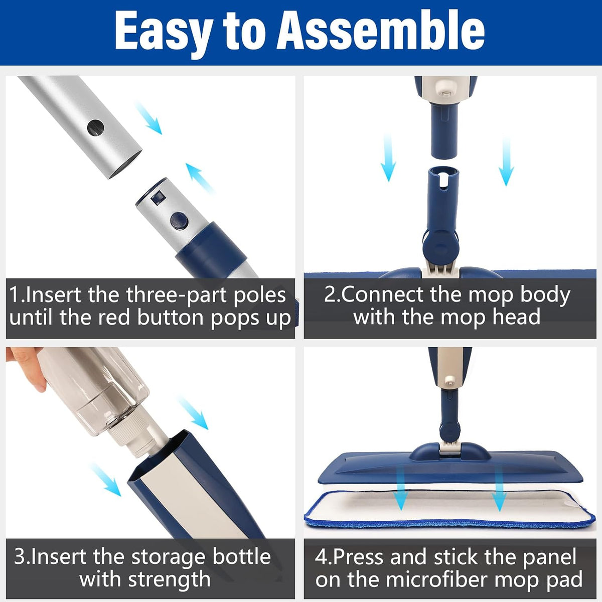 Aluminium Microfiber Floor Cleaning Spray Mop with Removable Washable Cleaning Pad and Integrated Water Spray Mechanism