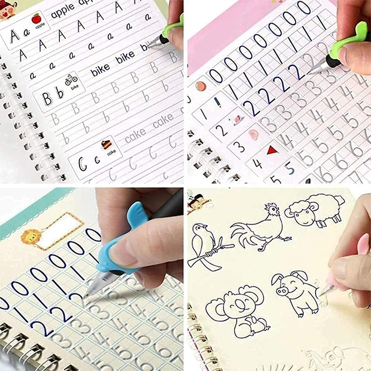 SHNMN Sank Magic Practice Copybook, (4 BOOK +1 PEN + 10 REFILL) Number Tracing Book for Preschoolers with Pen, Magic calligraphy books for kids Reusable Writing Tool