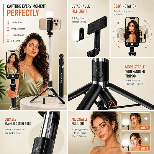 Selfie Stick Tripod with Light, 67 inch /170CM Reinforced Tripod for Mobile Phone, Multi-Functional Bluetooth Long Selfie Stick for Travel,Vlogging,Compatible with iPhone and All Phones