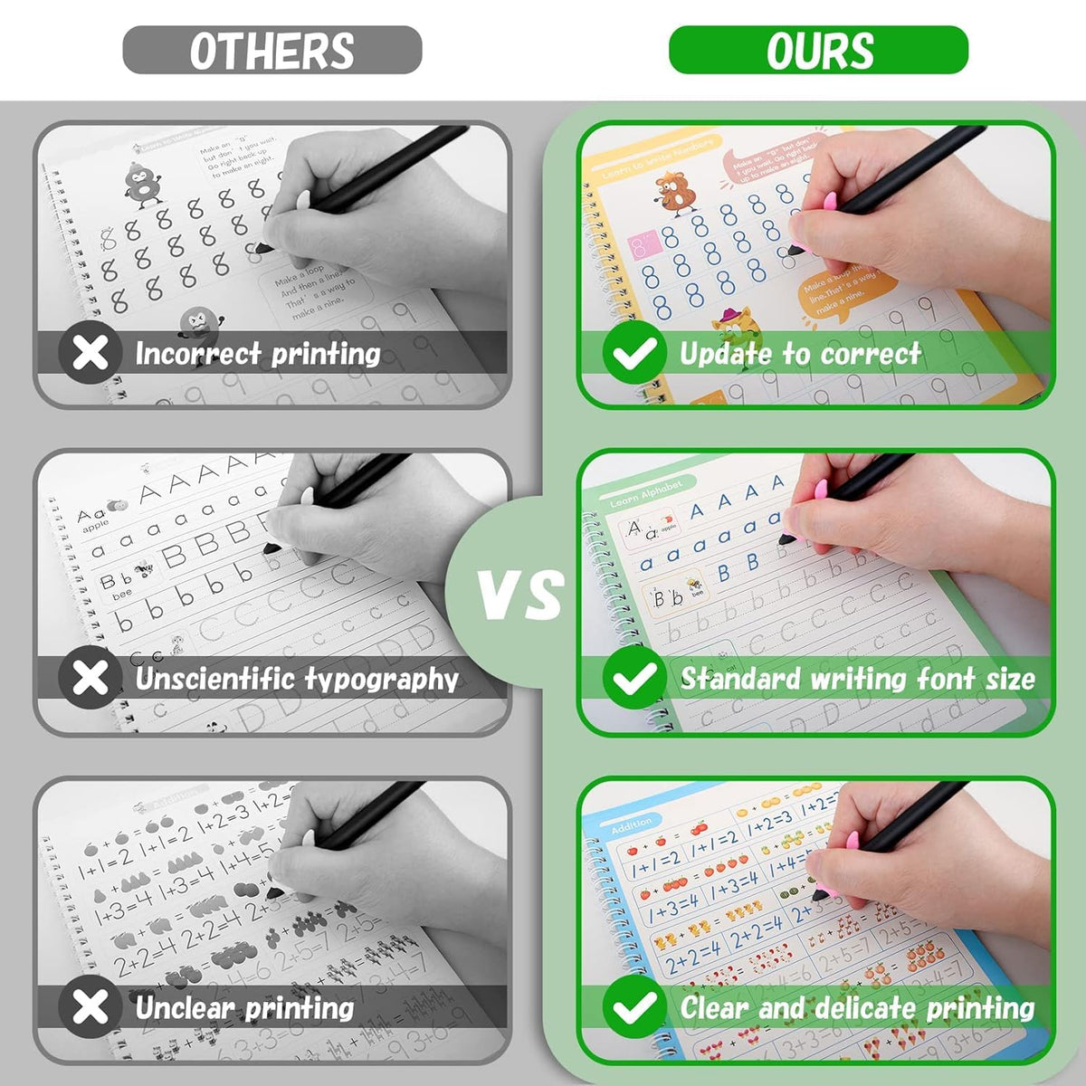 SHNMN Sank Magic Practice Copybook, (4 BOOK +1 PEN + 10 REFILL) Number Tracing Book for Preschoolers with Pen, Magic calligraphy books for kids Reusable Writing Tool