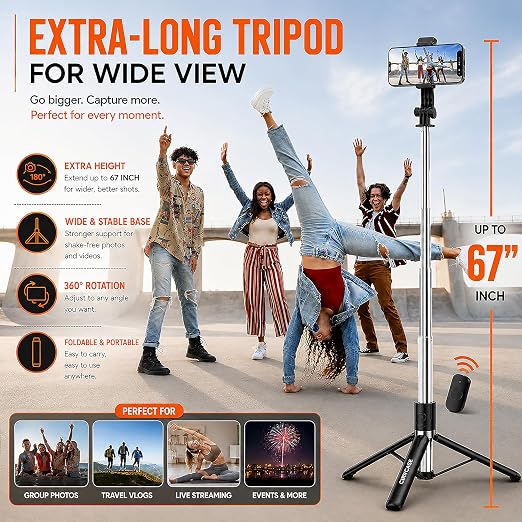 Selfie Stick Tripod with Light, 67 inch /170CM Reinforced Tripod for Mobile Phone, Multi-Functional Bluetooth Long Selfie Stick for Travel,Vlogging,Compatible with iPhone and All Phones