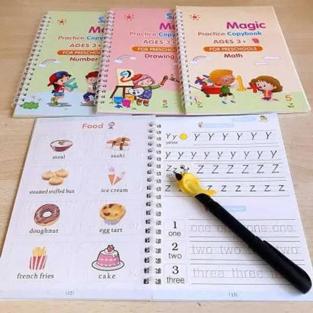 SHNMN Sank Magic Practice Copybook, (4 BOOK +1 PEN + 10 REFILL) Number Tracing Book for Preschoolers with Pen, Magic calligraphy books for kids Reusable Writing Tool