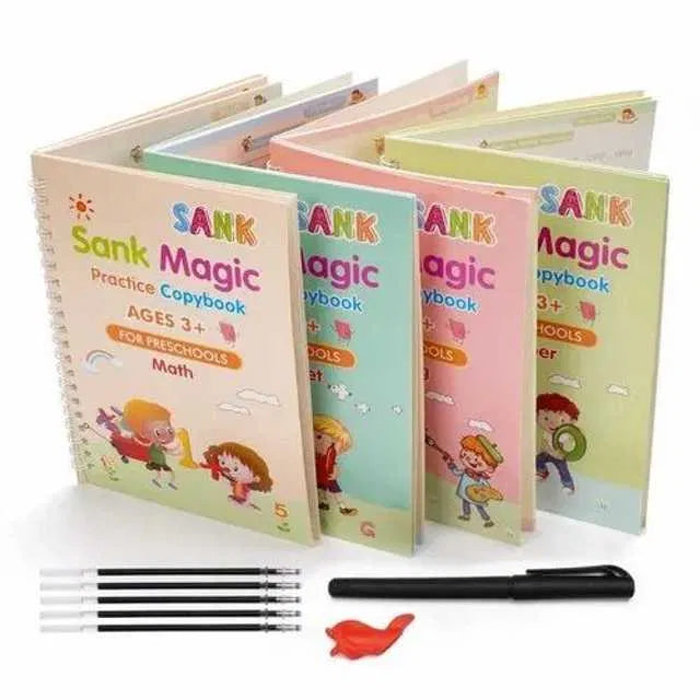 SHNMN Sank Magic Practice Copybook, (4 BOOK +1 PEN + 10 REFILL) Number Tracing Book for Preschoolers with Pen, Magic calligraphy books for kids Reusable Writing Tool