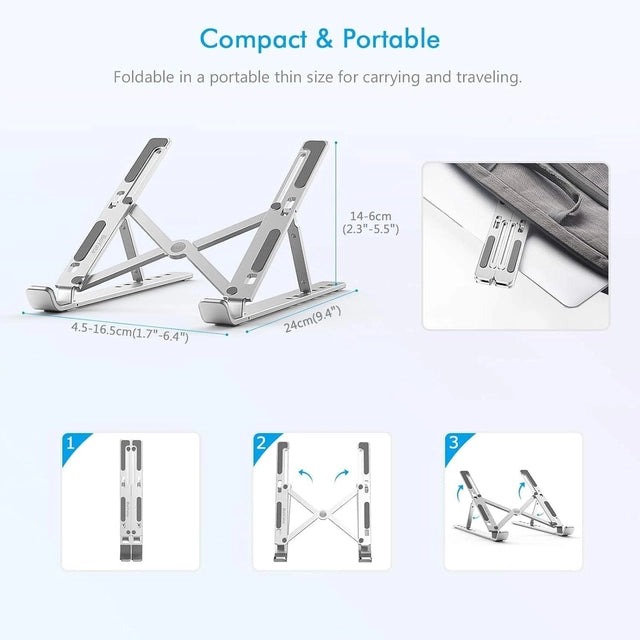 Laptop Stand for Desk with 7 Adjustable Angles, Aluminum Ergonomic Foldable Portable Compatible with All Brands 6-17.3 [with Pouch] [with Wire Protectors] (Metallic Grey)