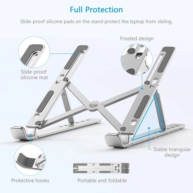 Laptop Stand for Desk with 7 Adjustable Angles, Aluminum Ergonomic Foldable Portable Compatible with All Brands 6-17.3 [with Pouch] [with Wire Protectors] (Metallic Grey)